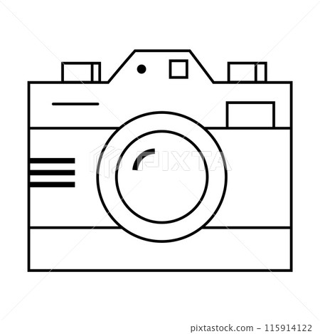 Simple Line Drawing Icon of Retro Camera for Photography Lovers in Black and White Minimalist Style. Hand Drawn Monochrome Camera Illustration. Nostalgic Vintage Design. Vector illustration 115914122