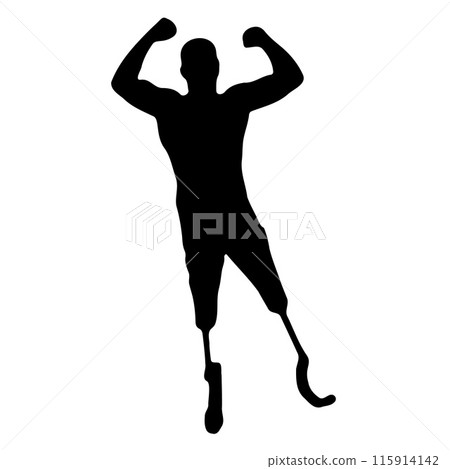 Silhouette of a Disabled Athlete Celebrating Triumphantly, Raising Arms in Victory and Achievement, Symbolizing Determination and Strength. Vector illustration Silhouette of a Disabled Athlete Celebrating Triumphantly, Raising Arms in Victory and Achievement, Symbolizing Determination and Strength. Vector illustration 115914142