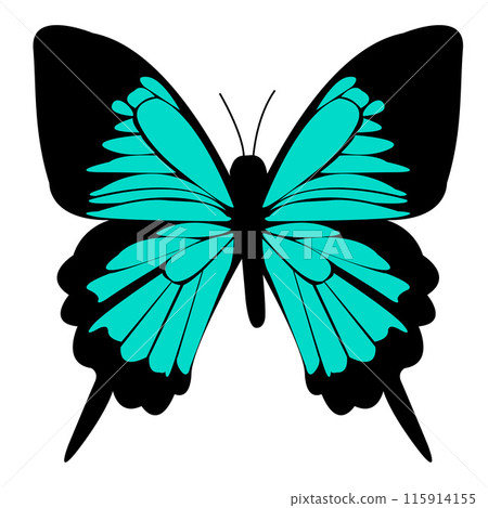 Black and Teal Ulysses Butterfly on a White Background. Lepidoptera Insect Design. Delicate Wings Ornament. Elegant Graphic for Greeting Cards. Summer Wedding Decor. Vector illustration 115914155