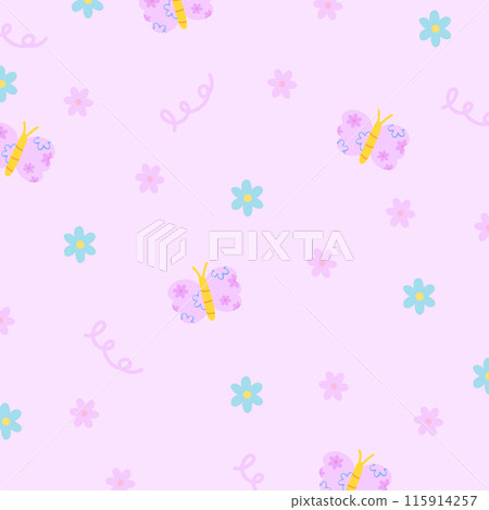 Illustration of butterfly, flowers on a pastel purple background for fabric, floral print, wallpaper, backdrop, kid clothes, picnic, spring, summer, cute pattern, textile, garment, toddler, baby, gift 115914257