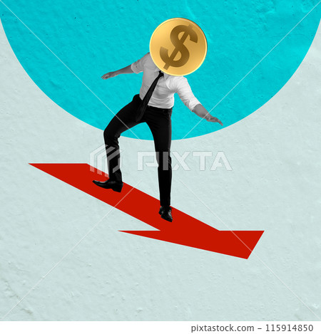 Businessman with dollar coin head surfing down red arrow on blue background Businessman with dollar coin head surfing down red arrow on blue background 115914850