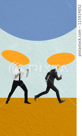 Two businessmen with speech bubbles instead of heads running in opposite directions 115914852
