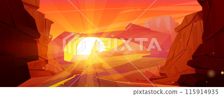 Sunset canyon background. Desert cartoon bg vector Sunset canyon background. Desert cartoon bg vector 115914935