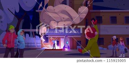 Man with loudspeaker launch rocket neat school Man with loudspeaker launch rocket neat school 115915005
