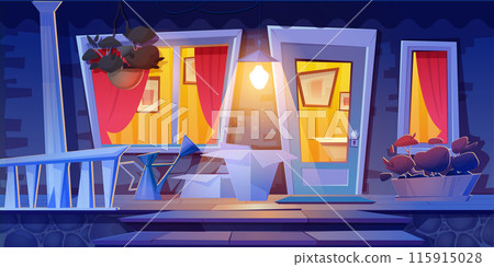 House porch with light from windows at night. House porch with light from windows at night. 115915028