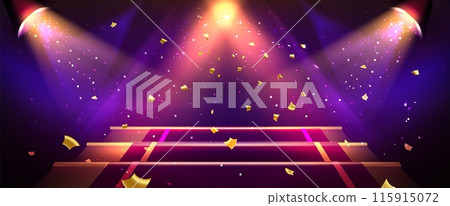 Gold light show stage. Abstract spotlight podium 115915072
