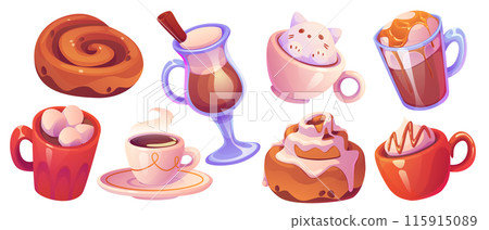 Latte coffee, chocolate drink and cinnamon cake 115915089