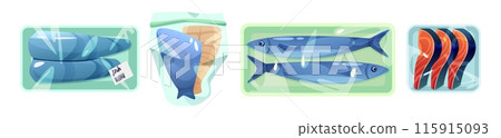 Frozen seafood package. Ice salmon plastic storage 115915093