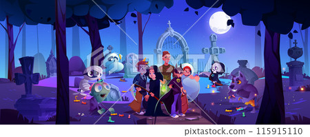Man defender, children on graveyard at Halloween 115915110