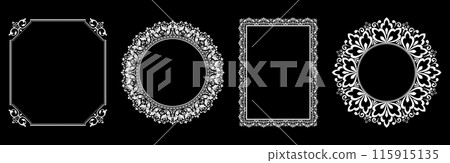 Set of decorative frames Elegant vector element for design in Eastern style, place for text. Floral black and white borders. Lace illustration for invitations and greeting cards. 115915135