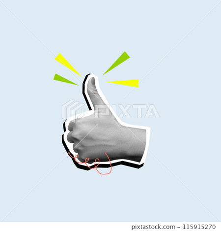 Black and white hand giving thumbs up sign on blue background with yellow shapes 115915270