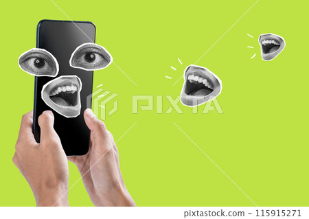 Person holding smartphone with eyes and mouths appearing around it on green background 115915271