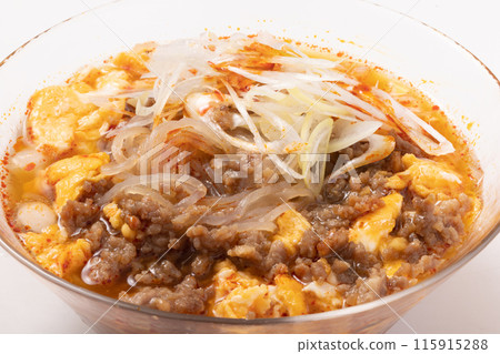 Cold noodles with sweet and spicy minced meat and scrambled eggs Cold noodles with sweet and spicy minced meat and scrambled eggs 115915288