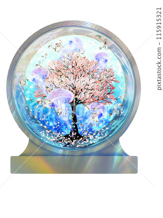 Cherry blossoms in a mother-of-pearl goldfish bowl with jellyfish swimming around them Cherry blossoms in a mother-of-pearl goldfish bowl with jellyfish swimming around them 115915321