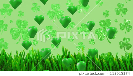 Image of st patrick's day shamrock and green hearts on green background 115915374