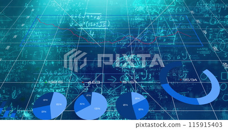 Image of data processing and shapes over digital lorry on blue background 115915403