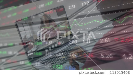 Image of stock market data processing over african american man having a imagecall on laptop 115915408