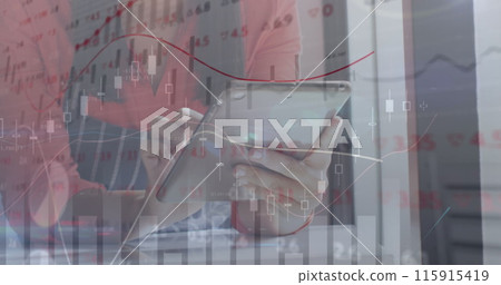 Image of statistical and stock market data processing over mid section of woman using tablet Image of statistical and stock market data processing over mid section of woman using tablet 115915419