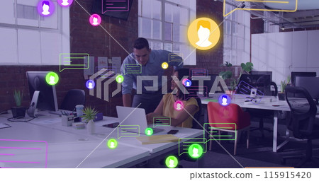 Image of social media data processing over diverse business people in office Image of social media data processing over diverse business people in office 115915420