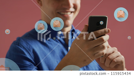 Image of social media data processing over caucasian businessman using smartphone Image of social media data processing over caucasian businessman using smartphone 115915434