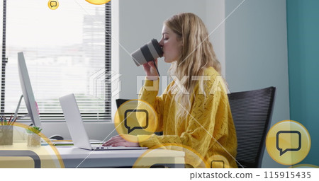 Image of social media data processing over caucasian businesswoman using laptop 115915435