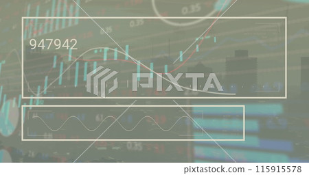 Image of interface with statistical, stock market data processing over aerial view of cityscape 115915578