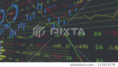 Image of statistical and stock market data processing against grey background 115915579