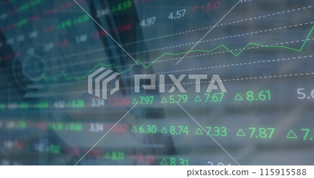 Image of stock market data processing against low angle view of tall building 115915588