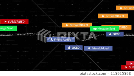 Image of multiple notification bars over graphs and changing numbers on black background Image of multiple notification bars over graphs and changing numbers on black background 115915598