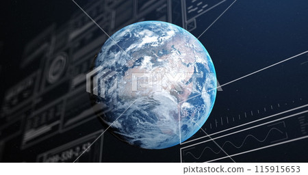 Image of multiple graphs, loading circles and bars with changing numbers over rotating globe 115915653