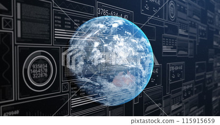 Image of multiple graphs, loading circles and bars with changing numbers over rotating globe 115915659