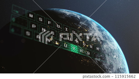 Image of illuminated pattern moving on letters of keyboard, globe against abstract background Image of illuminated pattern moving on letters of keyboard, globe against abstract background 115915662