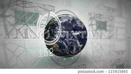 Image of navigation pattern, loading circles, changing numbers over globe on white background 115915665