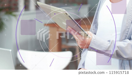 Circular scanner over midsection of pregnant caucasian woman using tablet 115915718