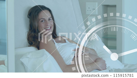 Clock with fast moving hands over happy pregnant caucasian woman lying on bed holding belly Clock with fast moving hands over happy pregnant caucasian woman lying on bed holding belly 115915781