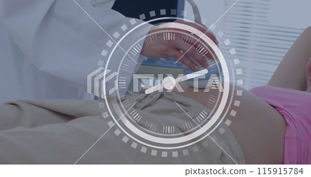 Fast moving hands on clock over caucasian female doctor and pregnant patient having ultrasound scan Fast moving hands on clock over caucasian female doctor and pregnant patient having ultrasound scan 115915784
