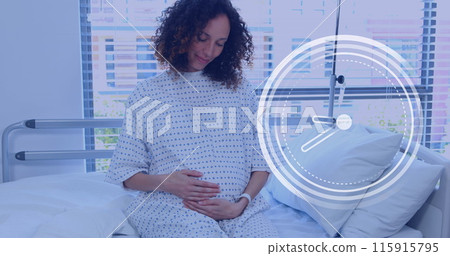 Fast moving clock over happy pregnant biracial woman rubbing belly in hospital room Fast moving clock over happy pregnant biracial woman rubbing belly in hospital room 115915795