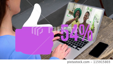 Image of like icon filling up with increasing percentage over woman having image call on laptop 115915803