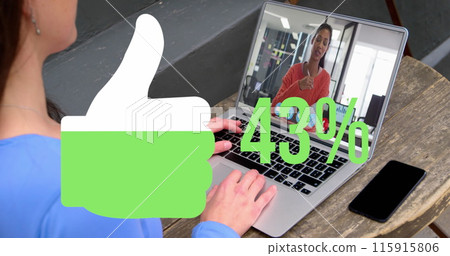 Image of like icon filling up with increasing percentage over woman having image call on laptop Image of like icon filling up with increasing percentage over woman having image call on laptop 115915806
