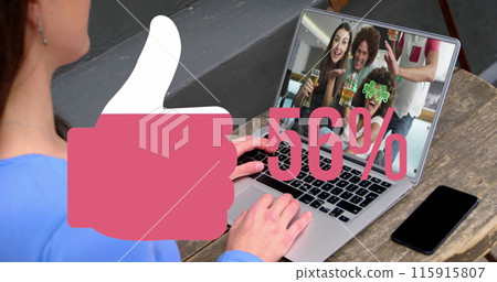 Image of like icon filling up with increasing percentage over woman having image call on laptop Image of like icon filling up with increasing percentage over woman having image call on laptop 115915807