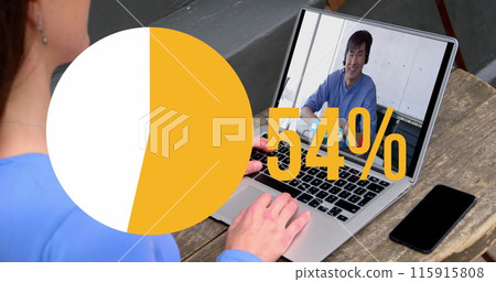 Image of pie graph filling up icon with increasing percentage over woman having image call Image of pie graph filling up icon with increasing percentage over woman having image call 115915808