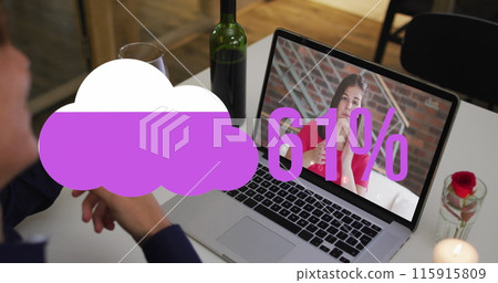 Image of cloud upload icon against rear view of man with drinks having a image call on laptop Image of cloud upload icon against rear view of man with drinks having a image call on laptop 115915809
