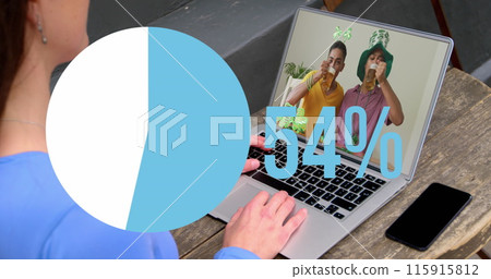 Image of pie graph filling up icon with increasing percentage over woman having image call Image of pie graph filling up icon with increasing percentage over woman having image call 115915812