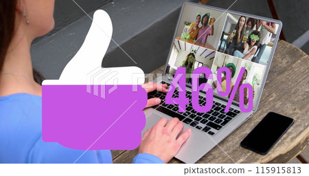 Image of like icon filling up with increasing percentage over woman having image conference Image of like icon filling up with increasing percentage over woman having image conference 115915813