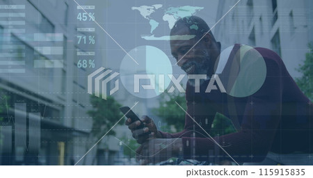 Image of financial data processing over african american man on smartphone 115915835