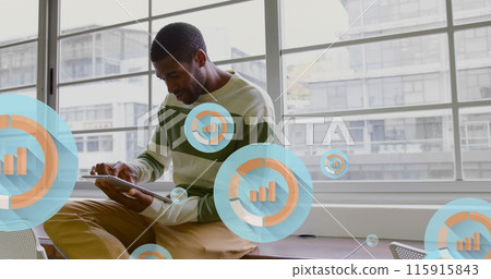 Image of digital icons with data processing over african american businessman in office 115915843
