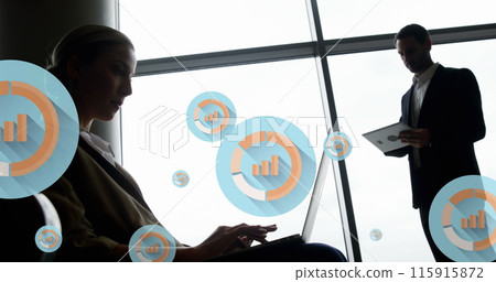 Image of digital icons with data processing over diverse business people in office Image of digital icons with data processing over diverse business people in office 115915872