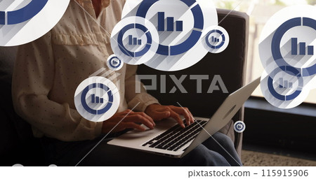 Image of icon in circles, midsection of caucasian woman sitting on sofa and working on laptop Image of icon in circles, midsection of caucasian woman sitting on sofa and working on laptop 115915906