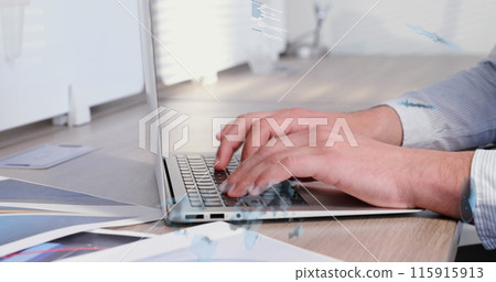 Image of radars, maps, soundwaves and computer language over caucasian man working on laptop 115915913