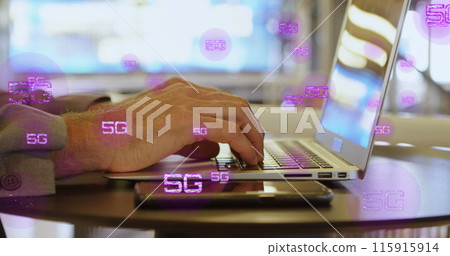 Image of multiple 5g texts over cropped hands of caucasian man working on laptop Image of multiple 5g texts over cropped hands of caucasian man working on laptop 115915914